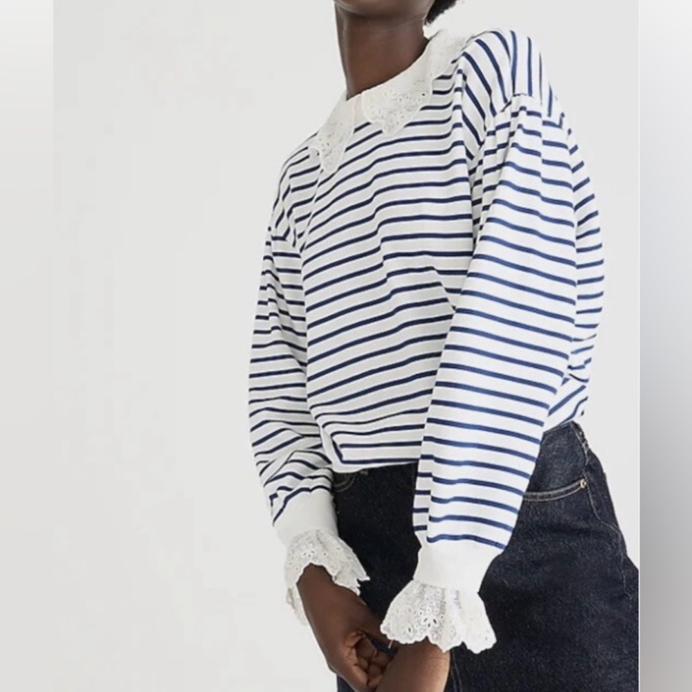 J. Crew Striped Lace Collar Women's  Cotton Sweatshirt